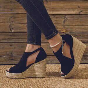 REDUCED:  NEW Truegirl Espadrille Peep Toe Wedge Sandals w/Buckle, Size 9